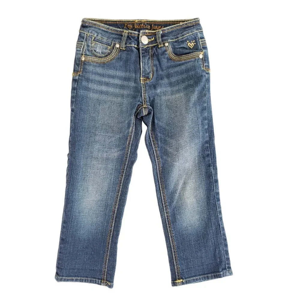 Justice Girls Bootcut Jeans Size 12S Slim Blue Denim Embroidered Pocket